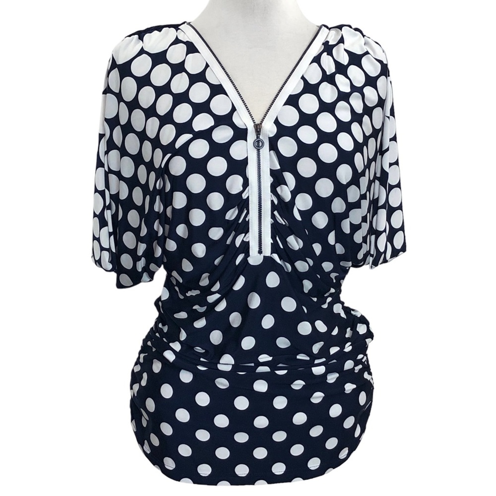 Joseph Ribkoff Polka Dot Zip Front Short Sleeve Blouse Size 10